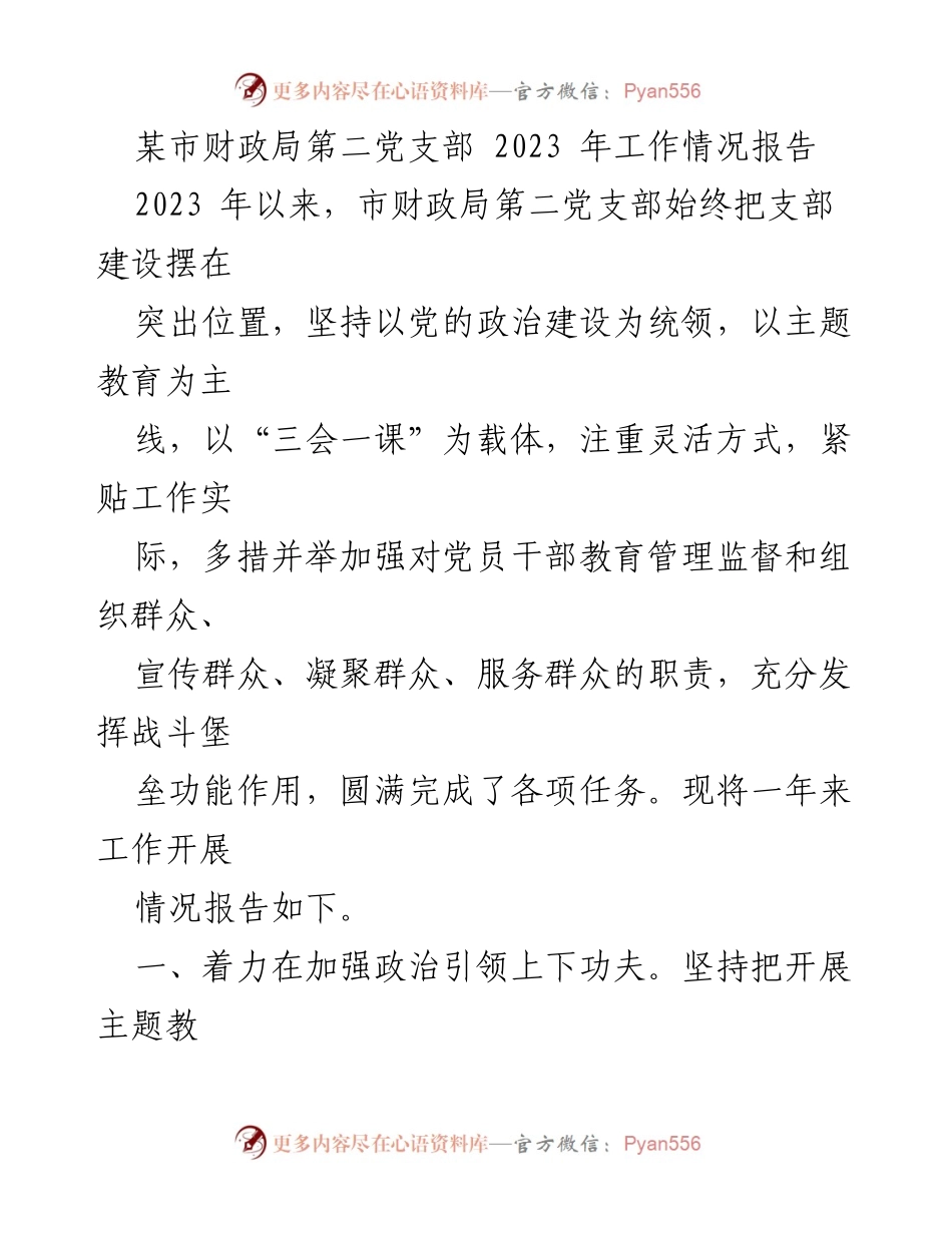 [工作总结] 市财政局第二党支部 - 2023年工作情况报告_1.docx_第1页