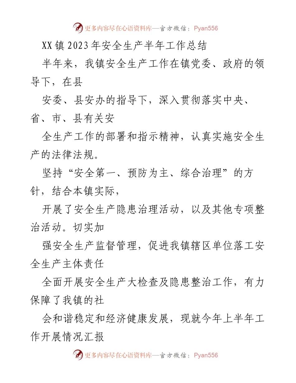 [工作总结] 安全生产 - XX镇2023年安全生产半年工作总结_1.docx_第1页