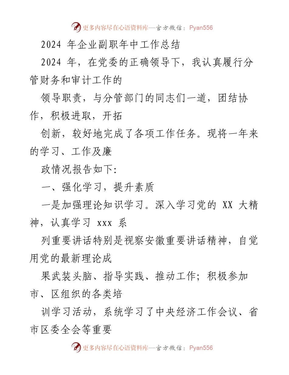 [工作总结] 年中总结 - 2024年企业副职年中工作总结与财务管理提升报告.docx_第1页