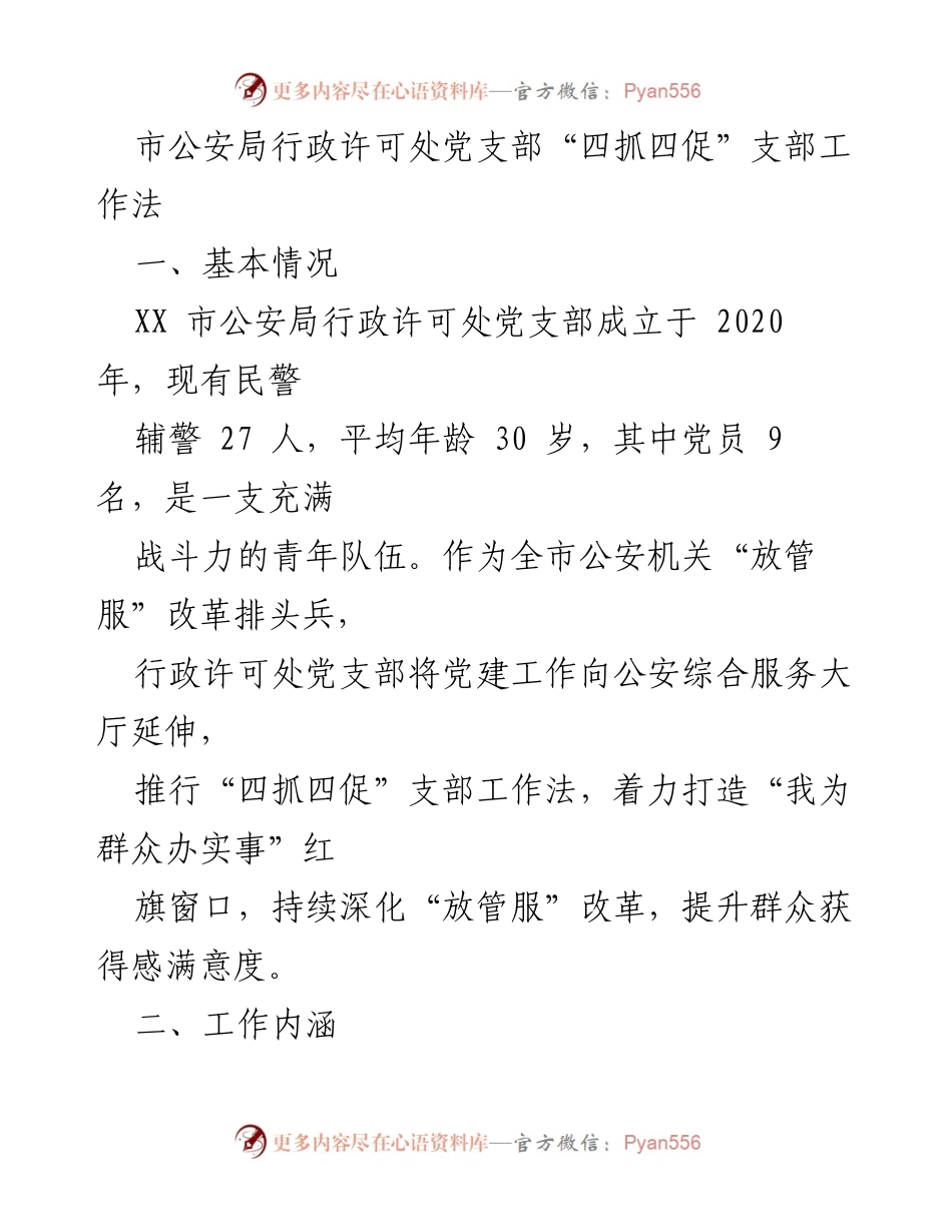 [工作总结] 市公安局行政许可处 - 推行“四抓四促”支部工作法提升公安服务质量.docx_第1页