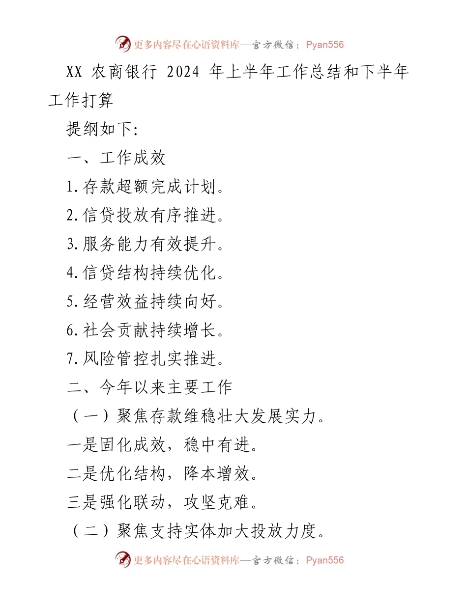 [工作总结] 年度总结 - XX农商银行2024年上半年工作成效与下半年计划.docx_第1页