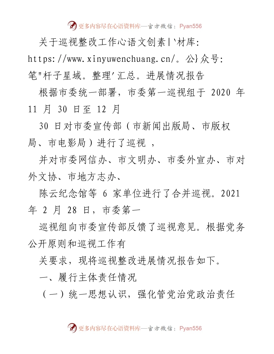 [工作总结] 巡视整改 - 市委宣传部巡视整改工作进展情况报告_3.docx_第1页
