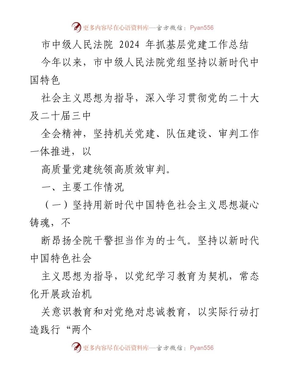 [工作总结] 市中级人民法院 - 2024年基层党建工作总结与成效分析.docx_第1页