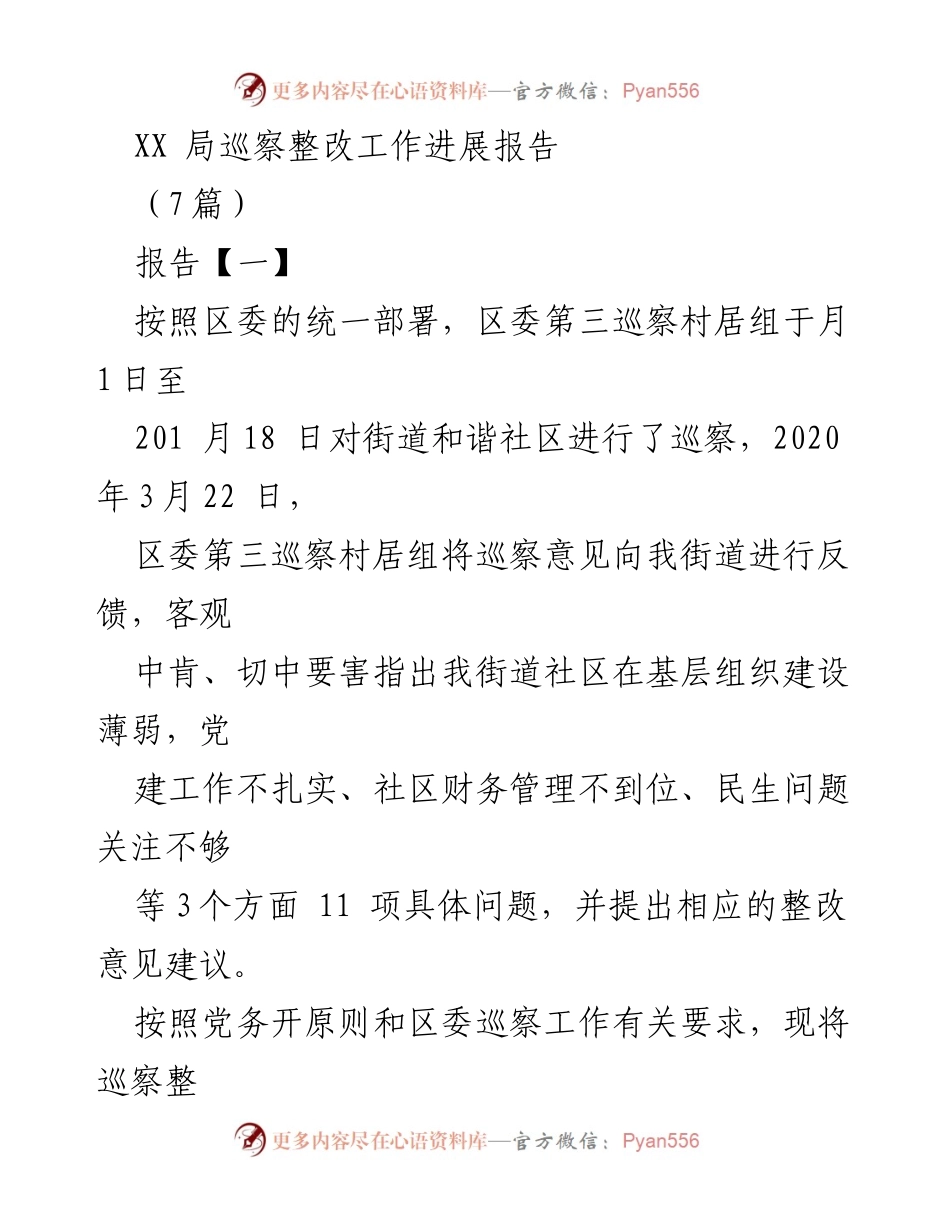 [工作总结] 巡察整改 - XX局巡察整改工作进展报告_1.docx_第1页