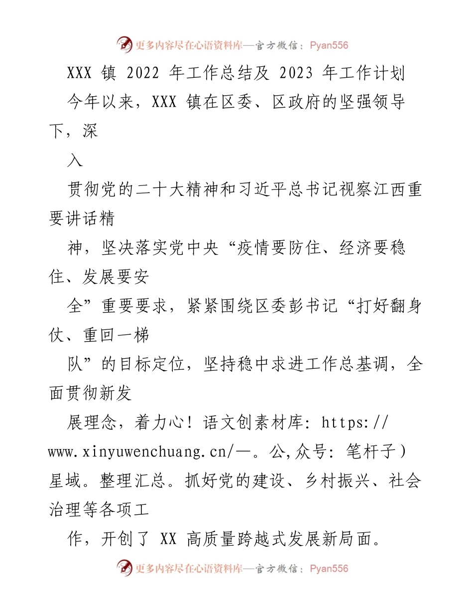 [工作总结] 年度总结 - XXX 镇2022年工作总结与2023年工作计划_2.docx_第1页