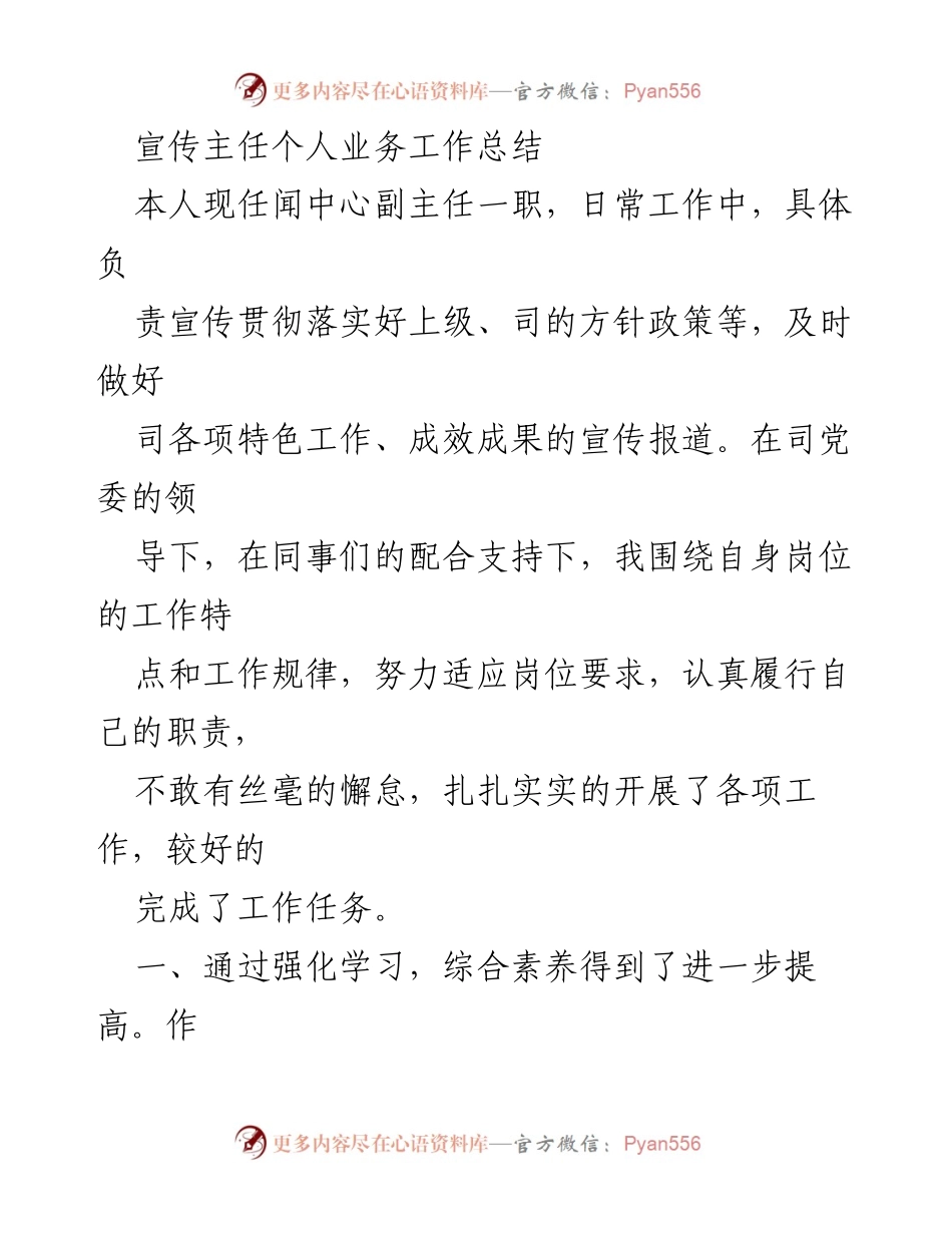 [工作总结] 宣传工作 - 宣传主任个人业务工作总结.docx_第1页