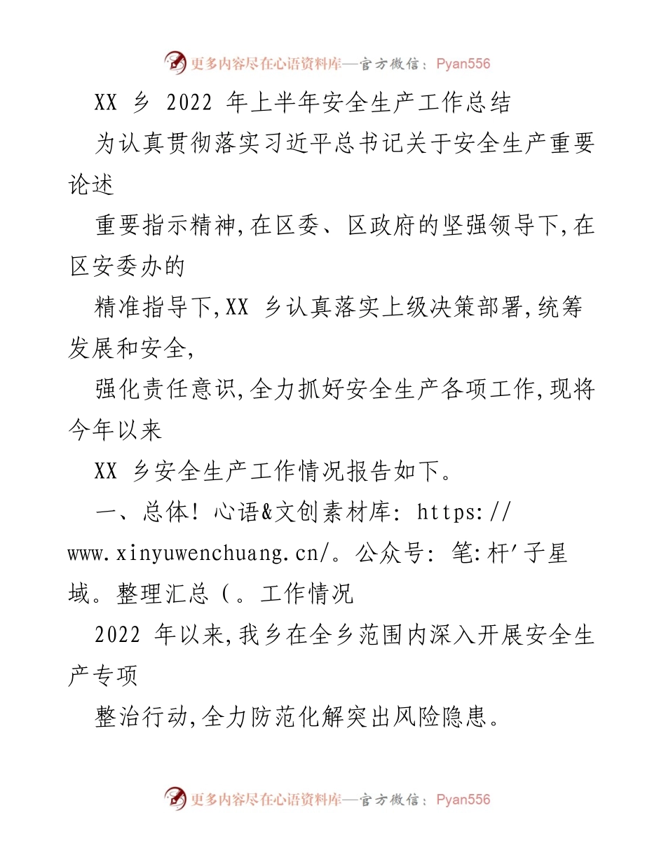 [工作总结] 安全生产 - XX乡2022年上半年安全生产工作总结.docx_第1页