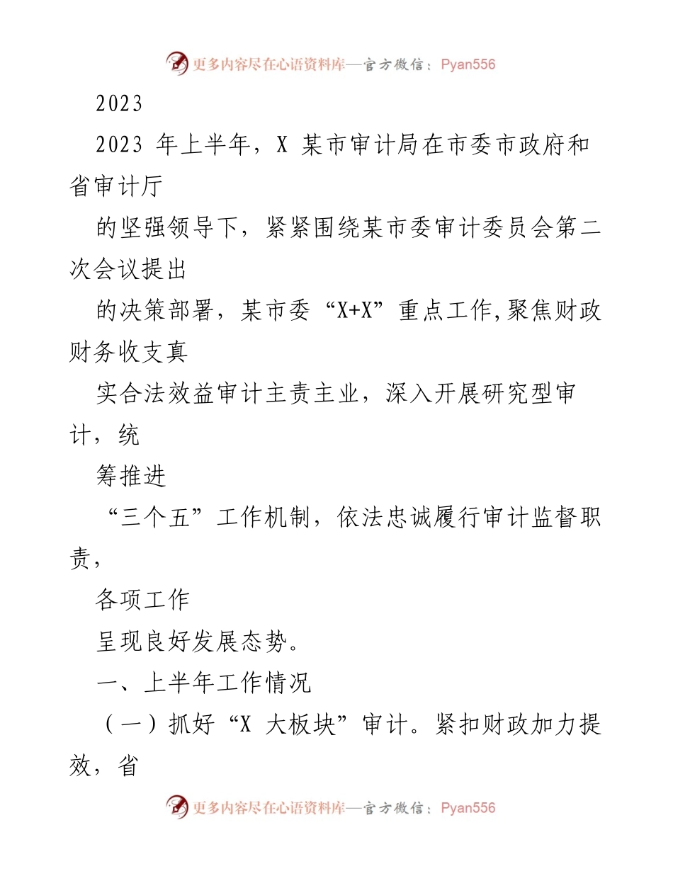 [工作总结] 审计局上半年工作 - 2023年上半年X某市审计局工作总结报告.docx_第1页