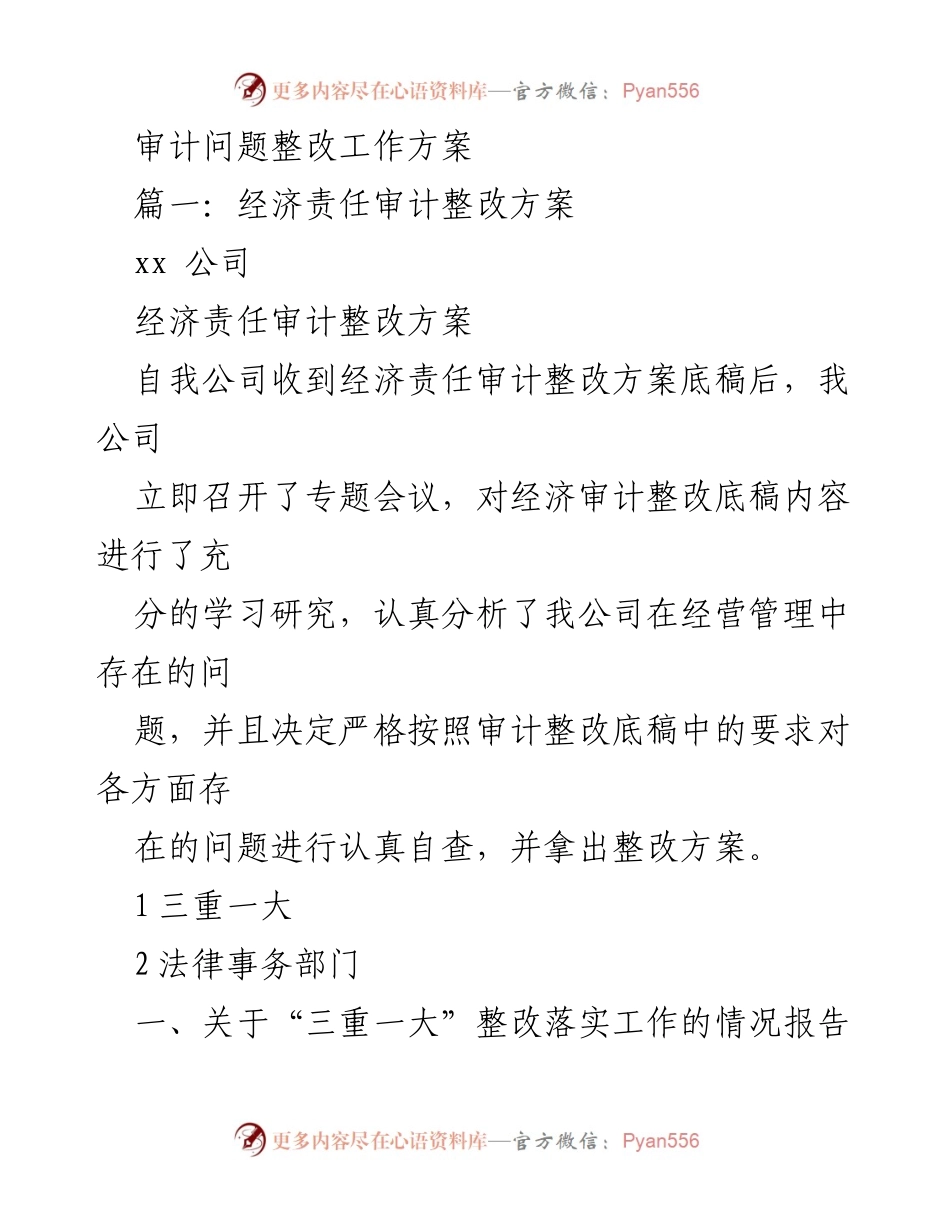 [工作总结] 审计整改 - 经济责任审计整改工作方案及“三重一大”决策制度落实情况报告_1.docx_第1页