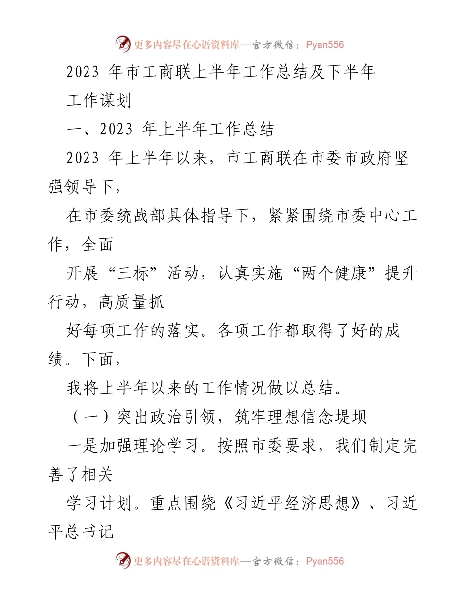 [工作总结] 市工商联 - 2023年上半年工作总结及下半年工作谋划.docx_第1页