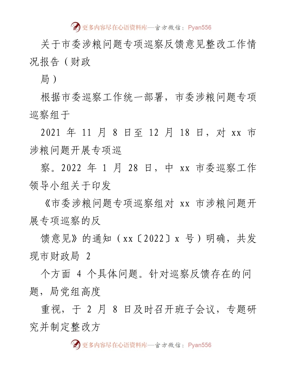 [工作总结] 巡察整改 - 市财政局涉粮问题专项巡察反馈意见整改工作情况报告.docx_第1页