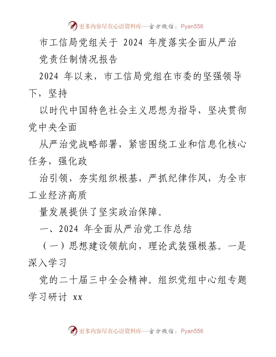 [工作总结] 市工信局 - 2024年度全面从严治党责任落实情况报告.docx_第1页