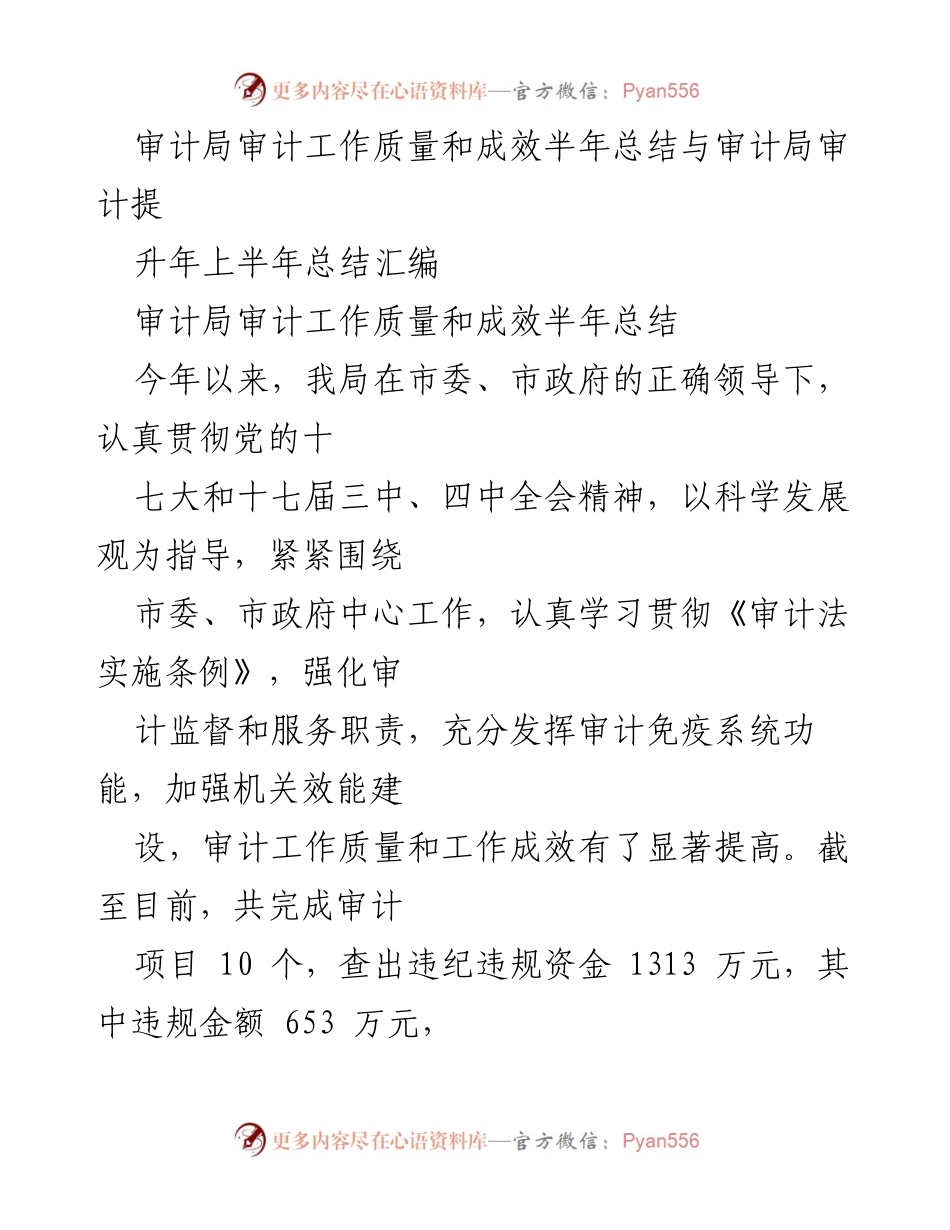 [工作总结] 审计局 - 上半年审计工作质量与成效总结报告.docx_第1页
