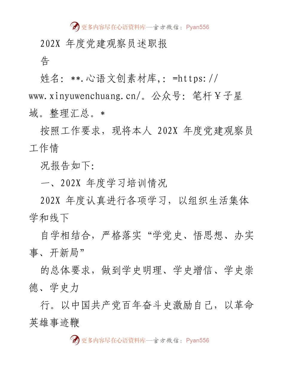 [工作总结] 年度党建工作 - 202X年度党建观察员述职报告.docx_第1页