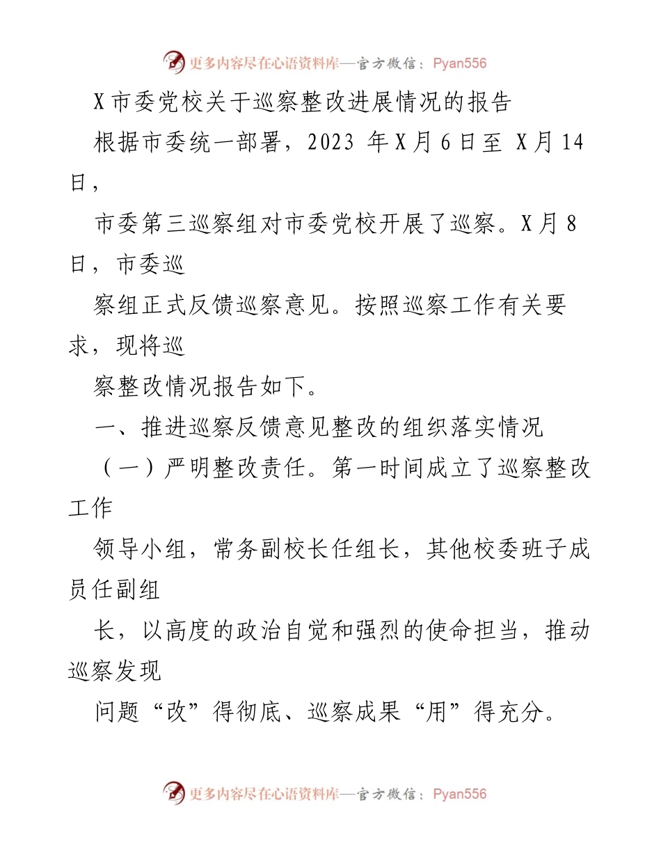 [工作总结] 巡察整改 - 市委党校巡察整改进展情况报告.docx_第1页