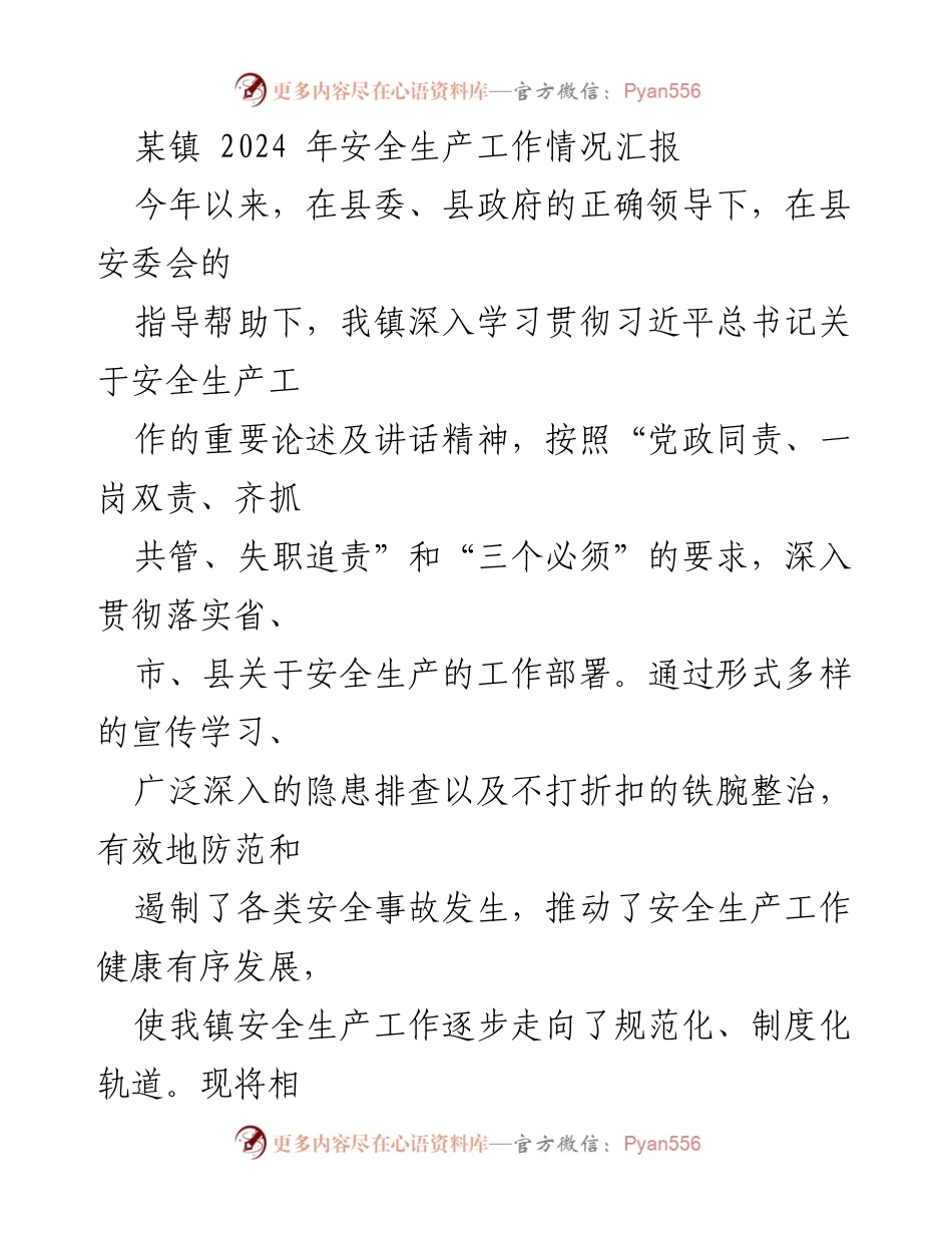 [工作总结] 安全生产工作 - 2024年某镇安全生产工作情况汇报.docx_第1页