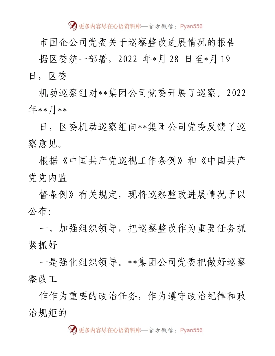 [工作总结] 巡察整改 - 市国企公司党委巡察整改进展情况报告.docx_第1页