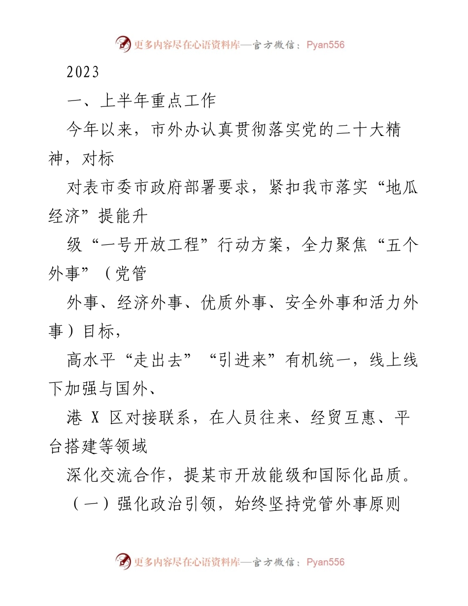 [工作总结] 市外办 - 2023年上半年外事工作总结与成效分析.docx_第1页