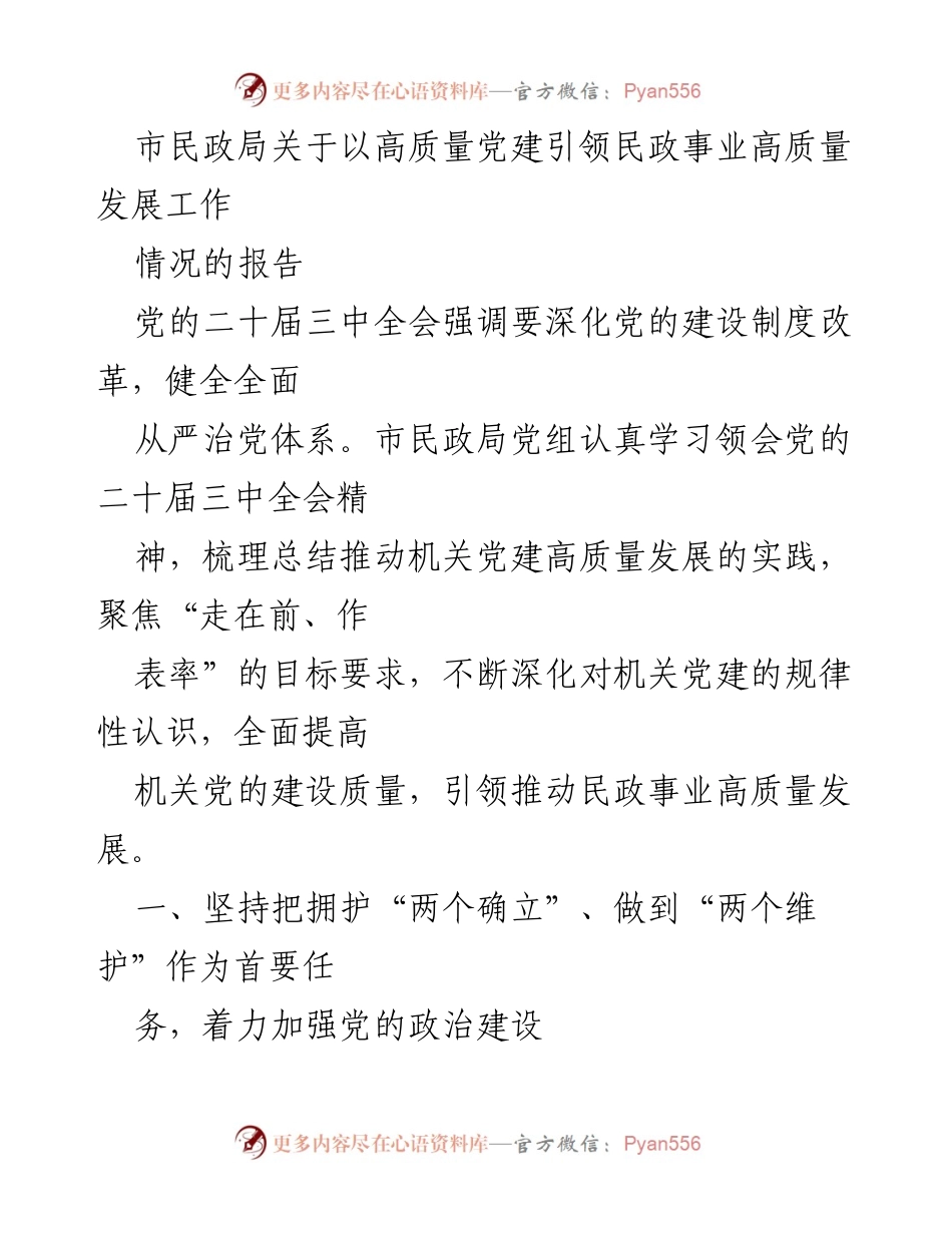 [工作总结] 市民政局 - 高质量党建引领民政事业发展的实践与成效报告.docx_第1页