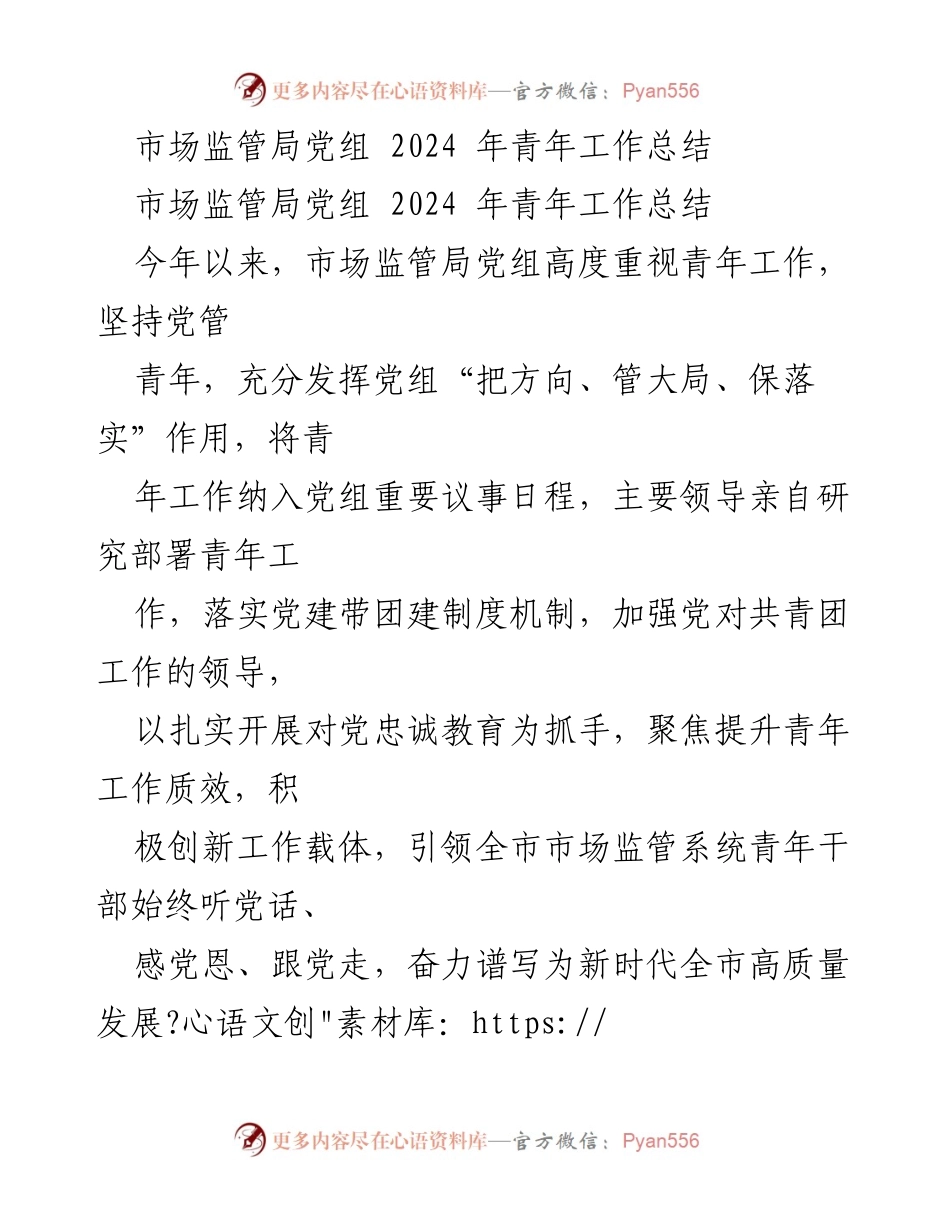 [工作总结] 市场监管局党组 - 2024 年青年工作总结报告.docx_第1页