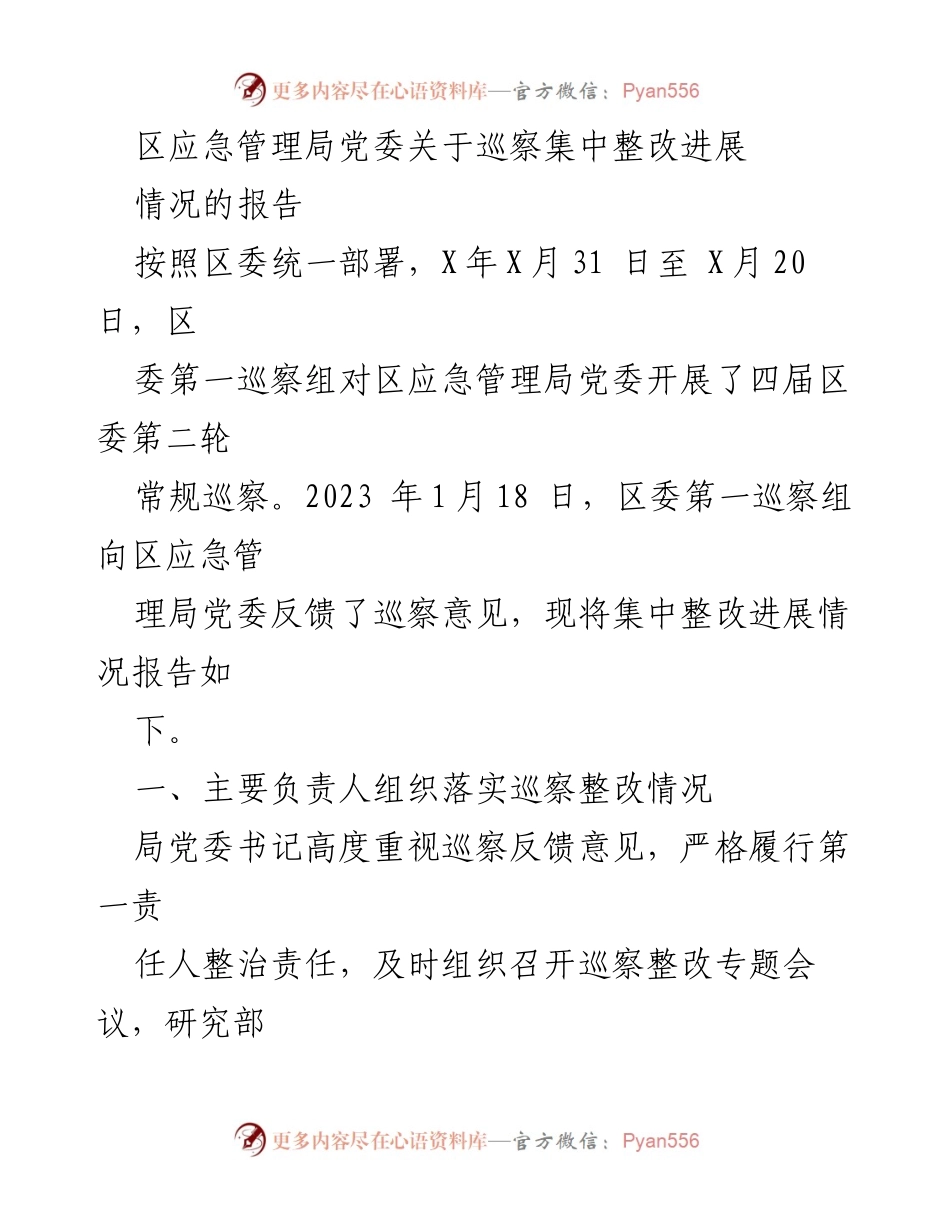 [工作总结] 巡察整改 - 区应急管理局党委巡察整改进展情况报告.docx_第1页