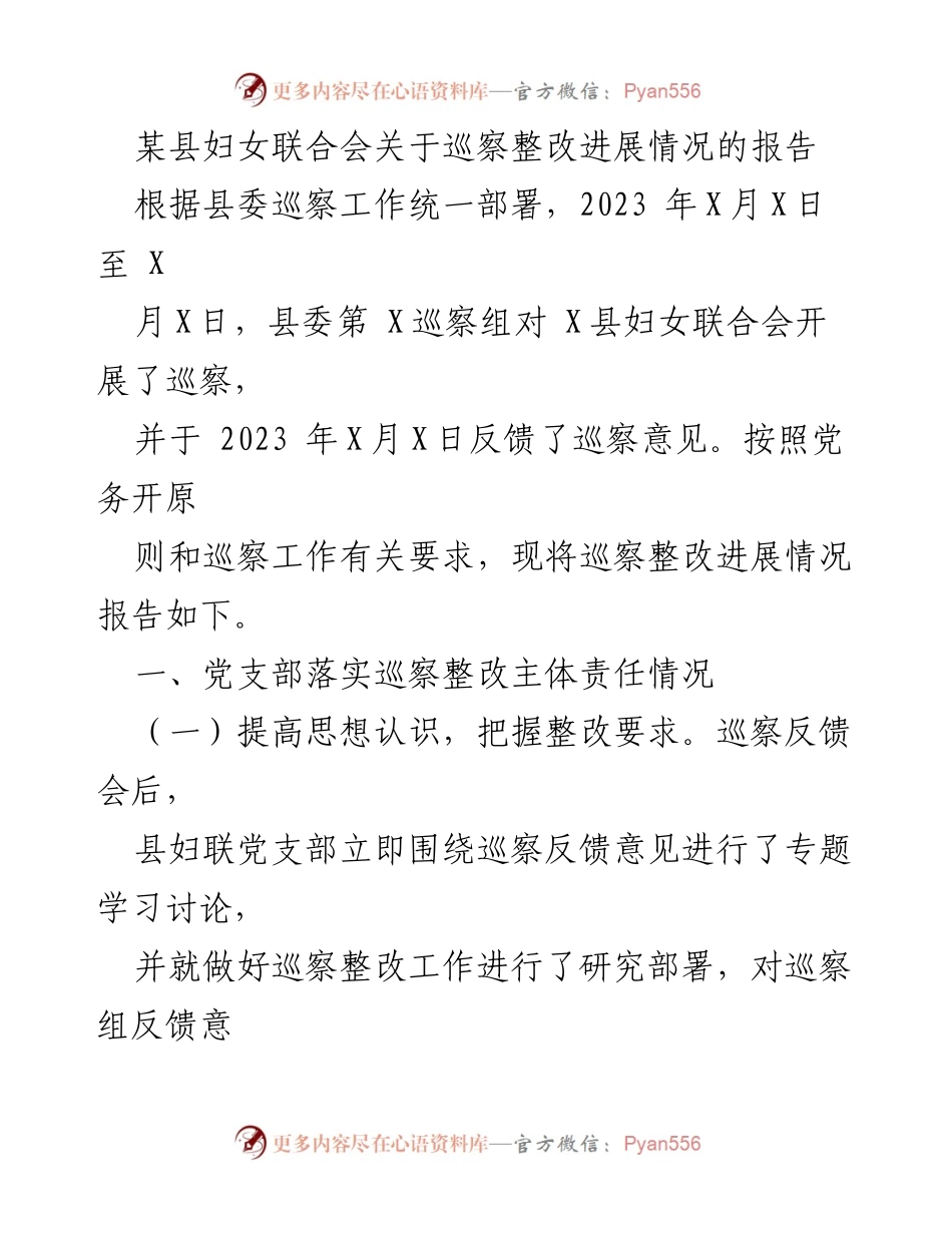 [工作总结] 巡察整改会议 - 某县妇女联合会巡察整改进展情况报告.docx_第1页