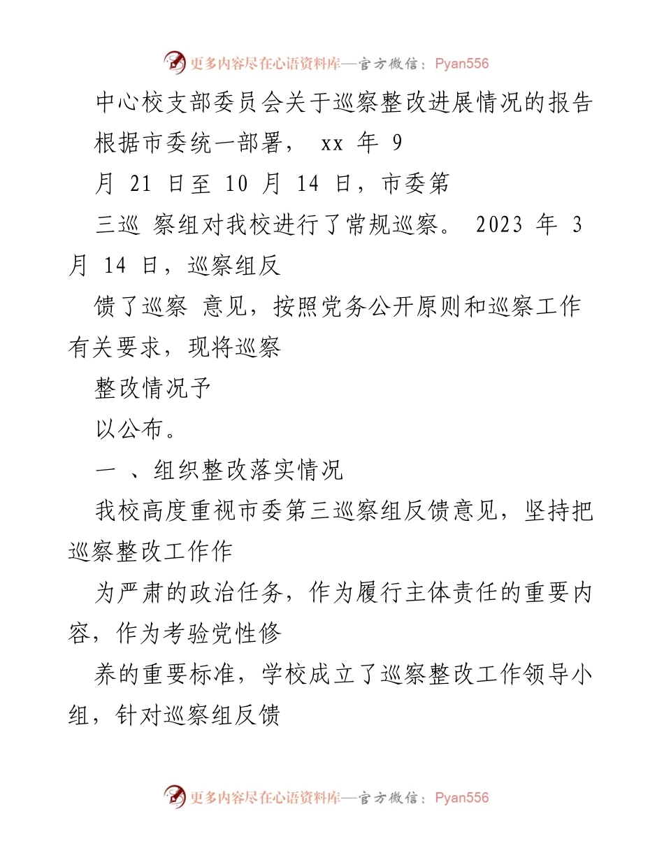 [工作总结] 巡察整改 - 中心校巡察整改工作进展情况报告.docx_第1页