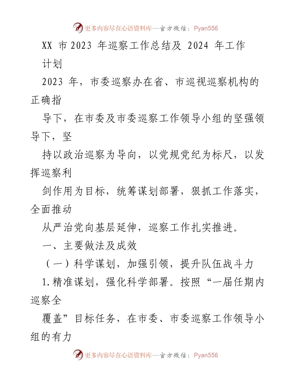 [工作总结] 巡察工作 - XX市2023年巡察工作总结与2024年工作计划_1.docx_第1页