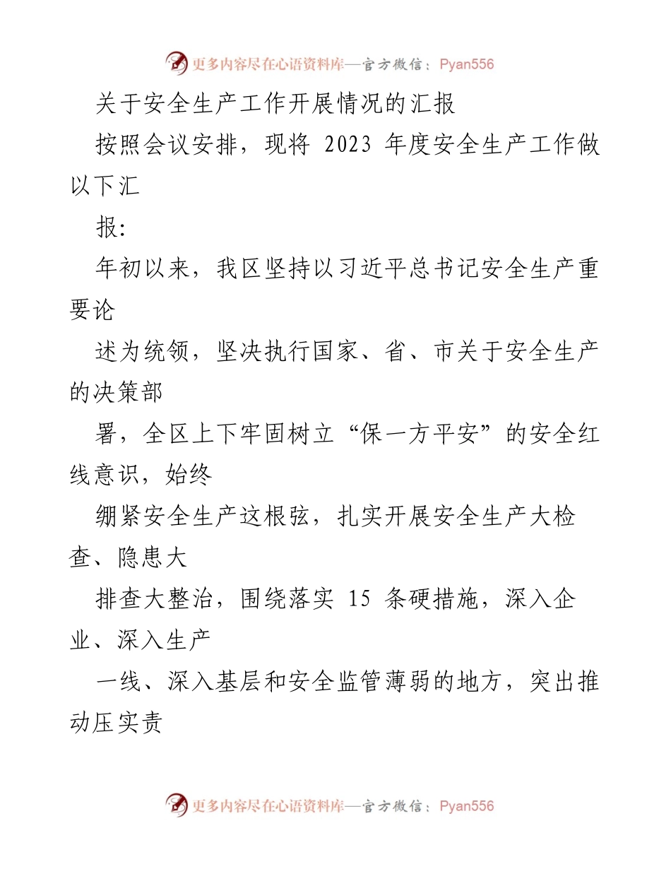 [工作总结] 安全生产工作会议 - 2023年度安全生产工作开展情况汇报.docx_第1页