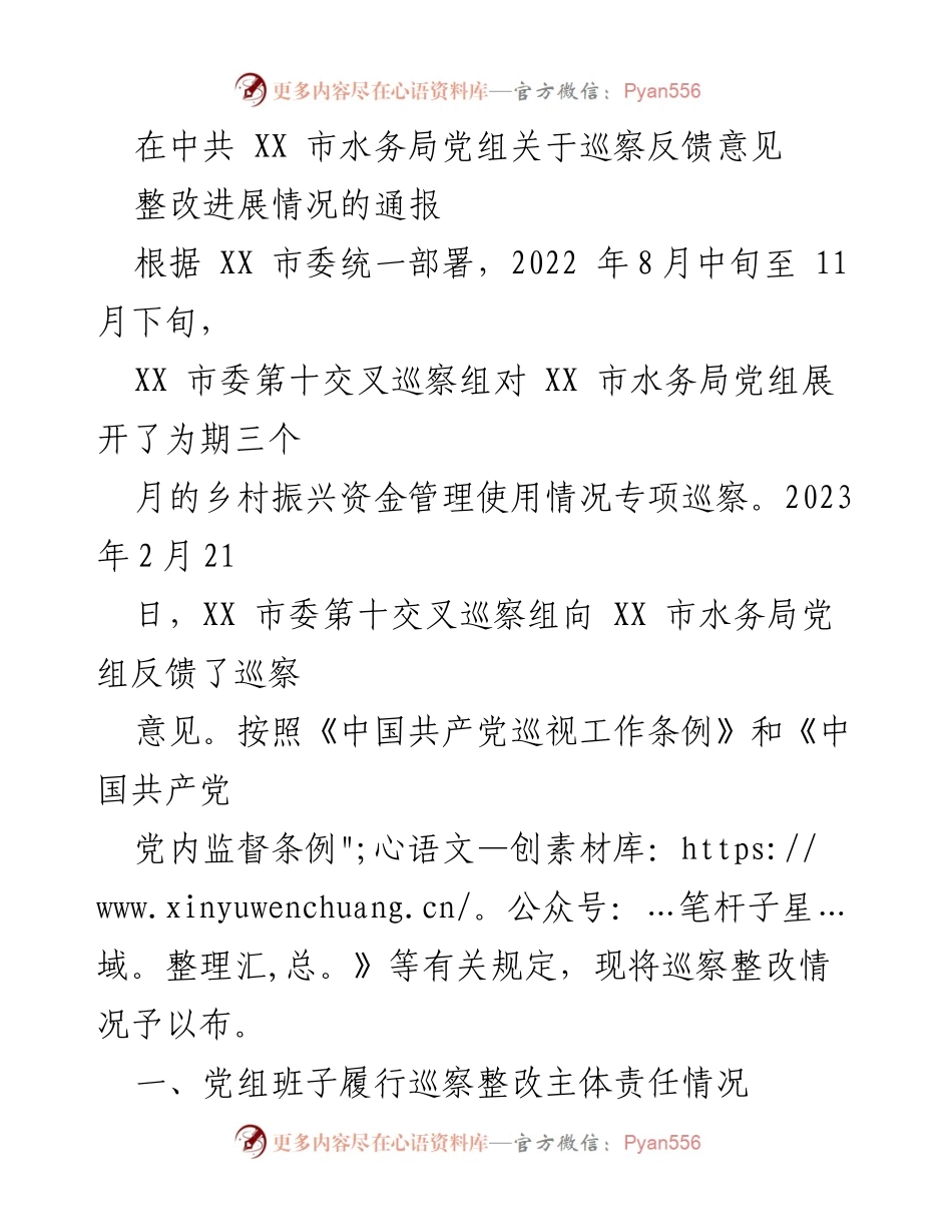 [工作总结] 巡察整改 - XX 市水务局党组巡察整改进展情况通报.docx_第1页