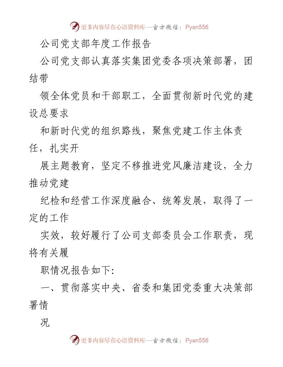 [工作总结] 年度会议 - 公司党支部年度工作履职报告.docx_第1页