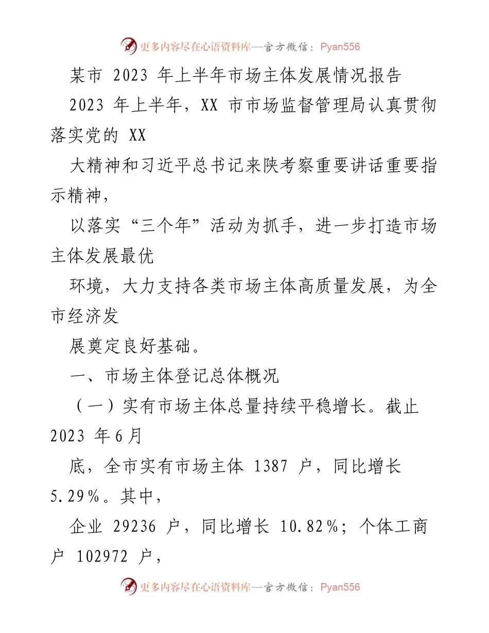 [工作总结] 市场主体发展 - 2023年上半年某市市场主体发展情况报告.docx_第1页