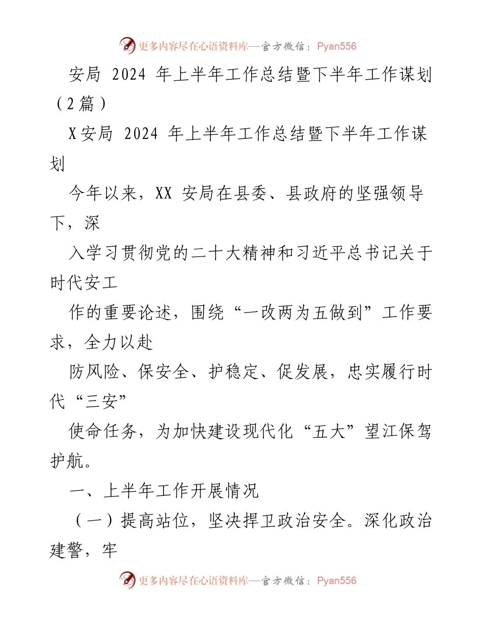 [工作总结] 安局 - 2024年上半年工作总结暨下半年工作谋划.docx_第1页