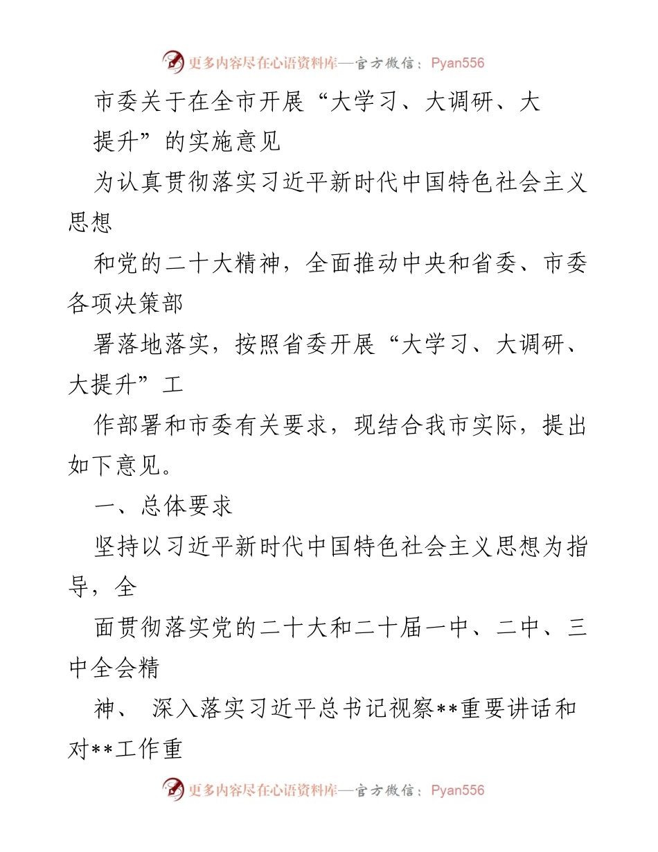 [工作总结] 市委会议 - 开展“大学习、大调研、大提升”的实施意见总结.docx_第1页