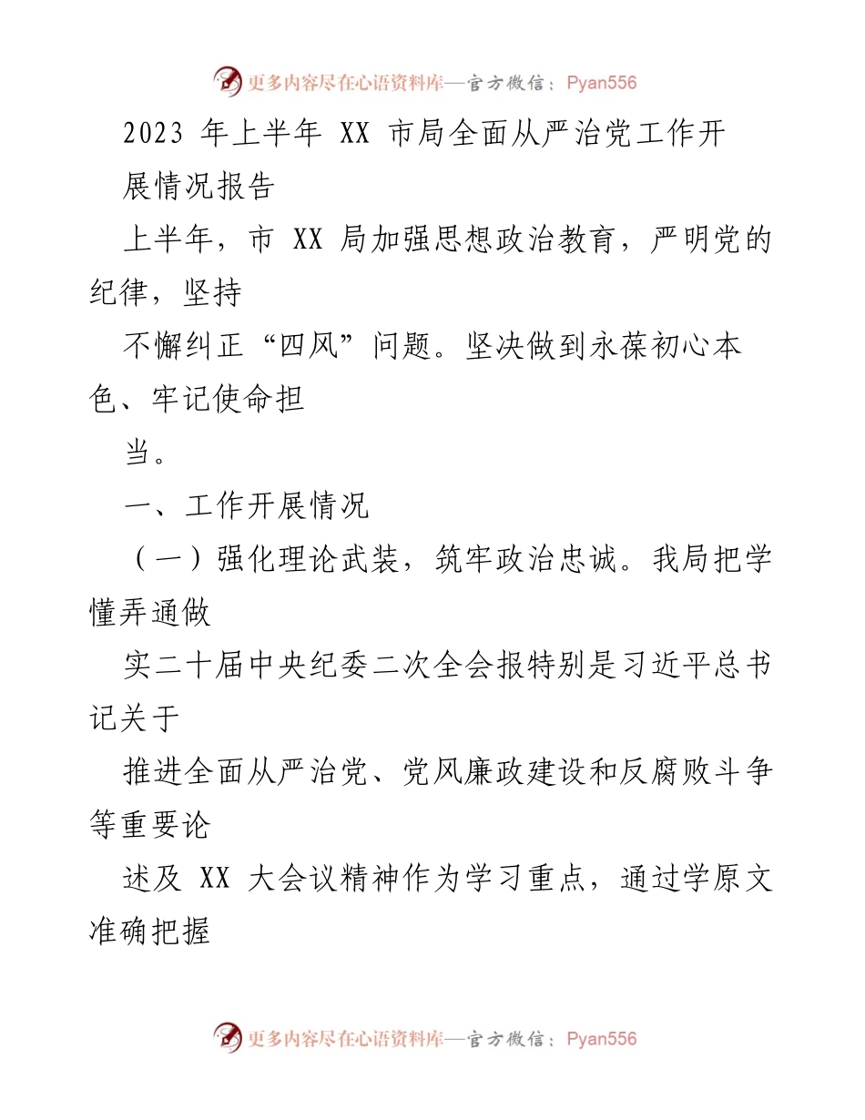 [工作总结] 市局全面从严治党工作 - 2023年上半年全面从严治党工作开展情况报告_1.docx_第1页