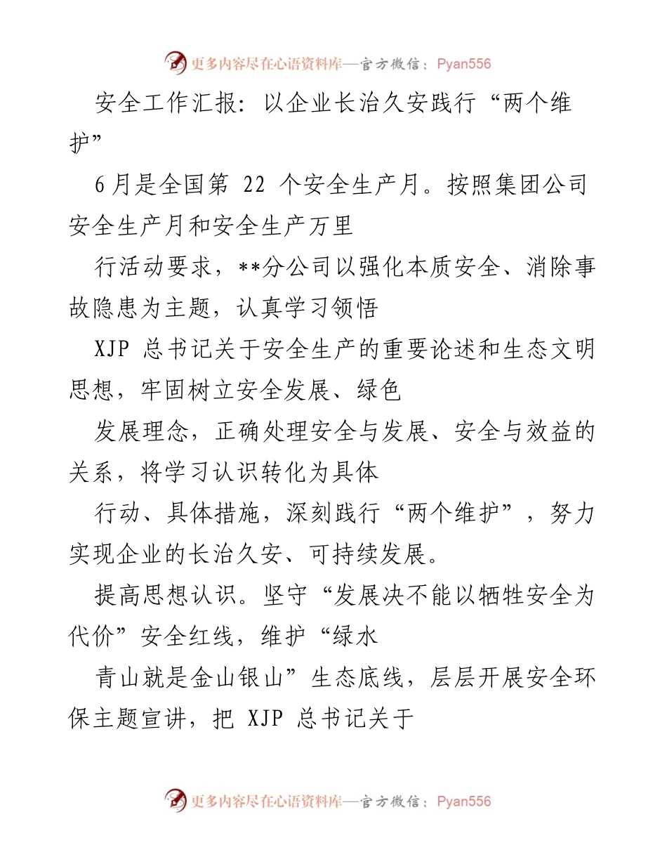 [工作总结] 安全生产月活动 - 企业安全管理工作汇报：践行“两个维护”确保长治久安.docx_第1页