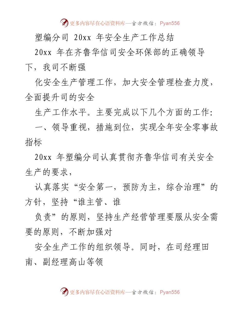 [工作总结] 安全生产 - 塑编分司20xx年安全生产工作总结.docx_第1页