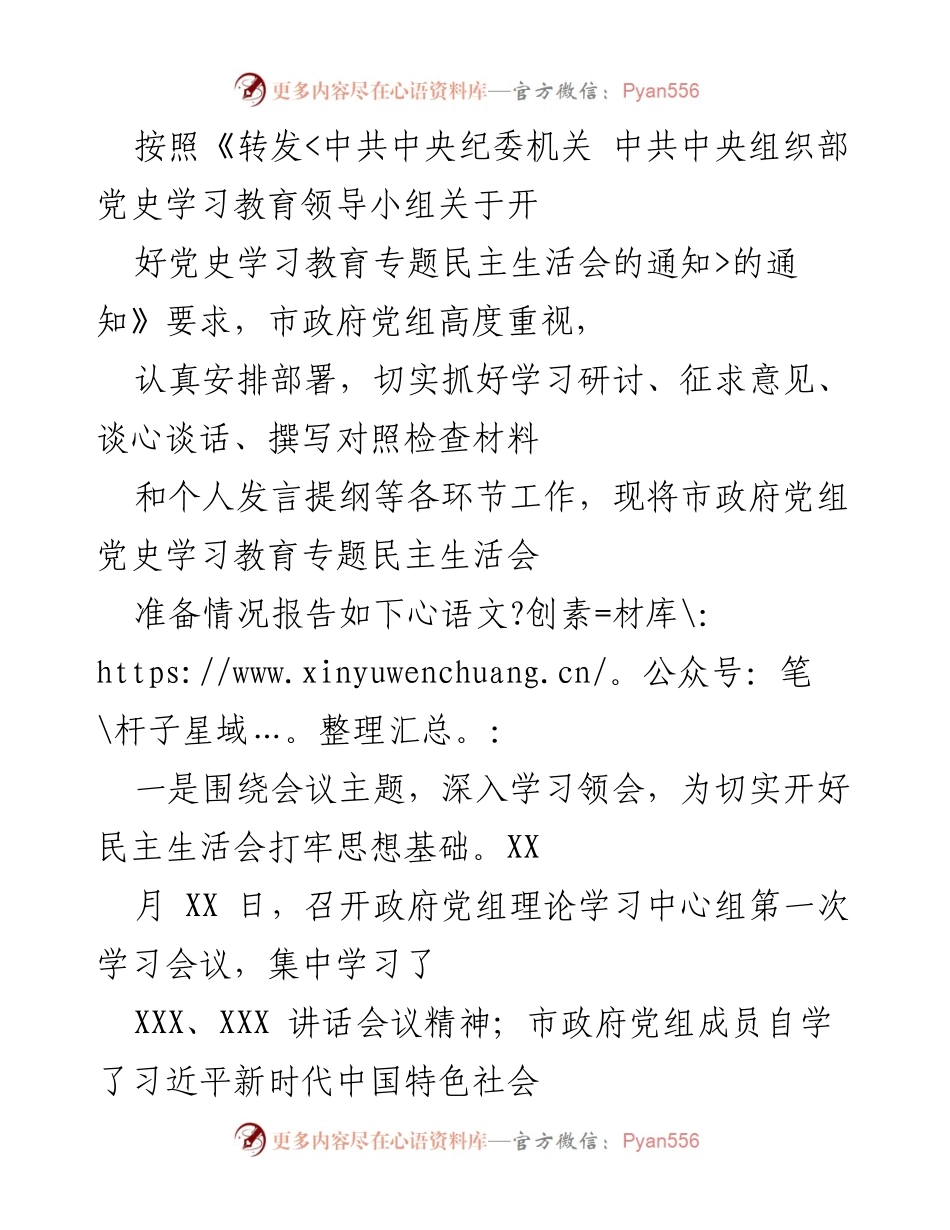 [工作总结] 市政府党组 - 市政府党组党史学习教育专题民主生活会准备情况总结.docx_第1页