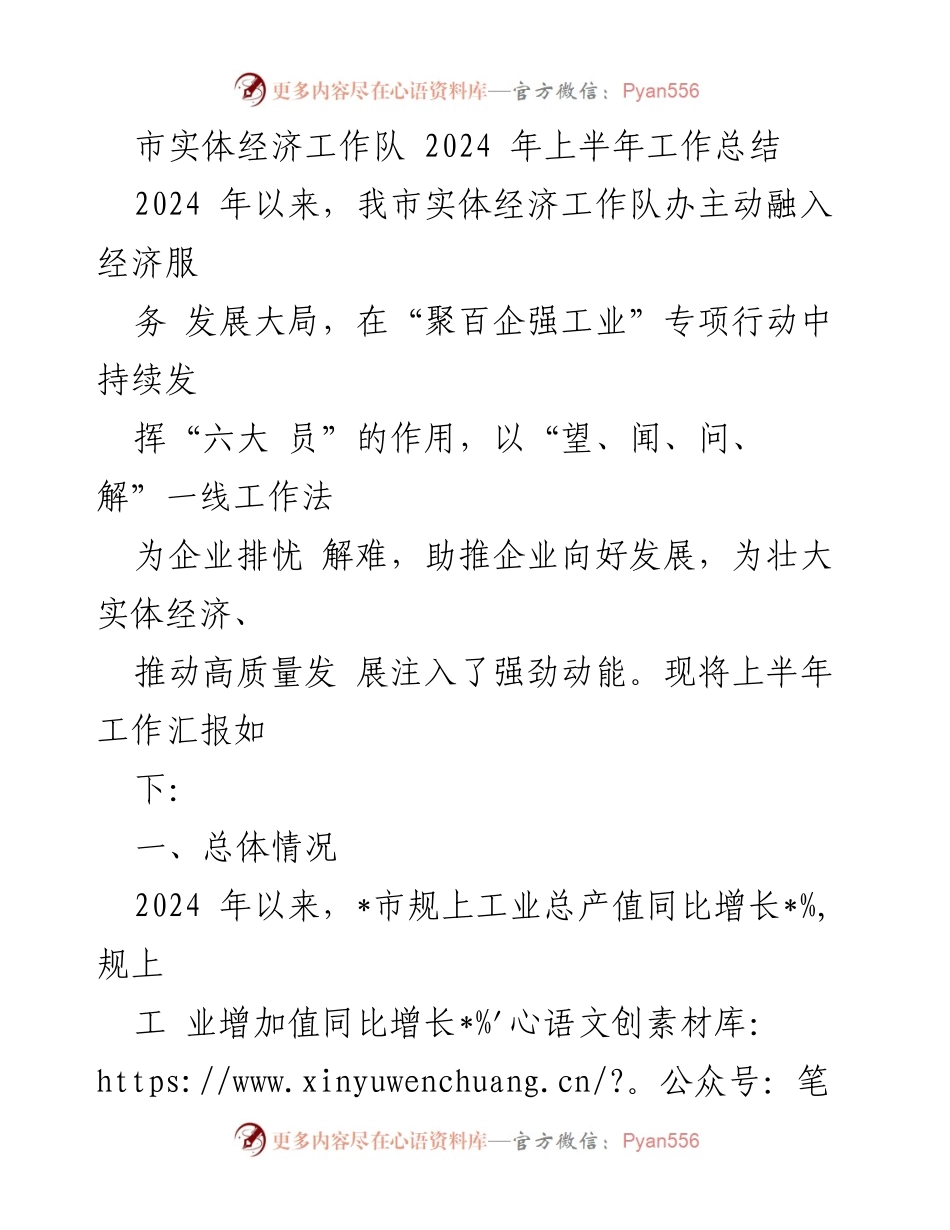 [工作总结] 市实体经济工作队 - 2024年上半年实体经济服务工作总结报告.docx_第1页