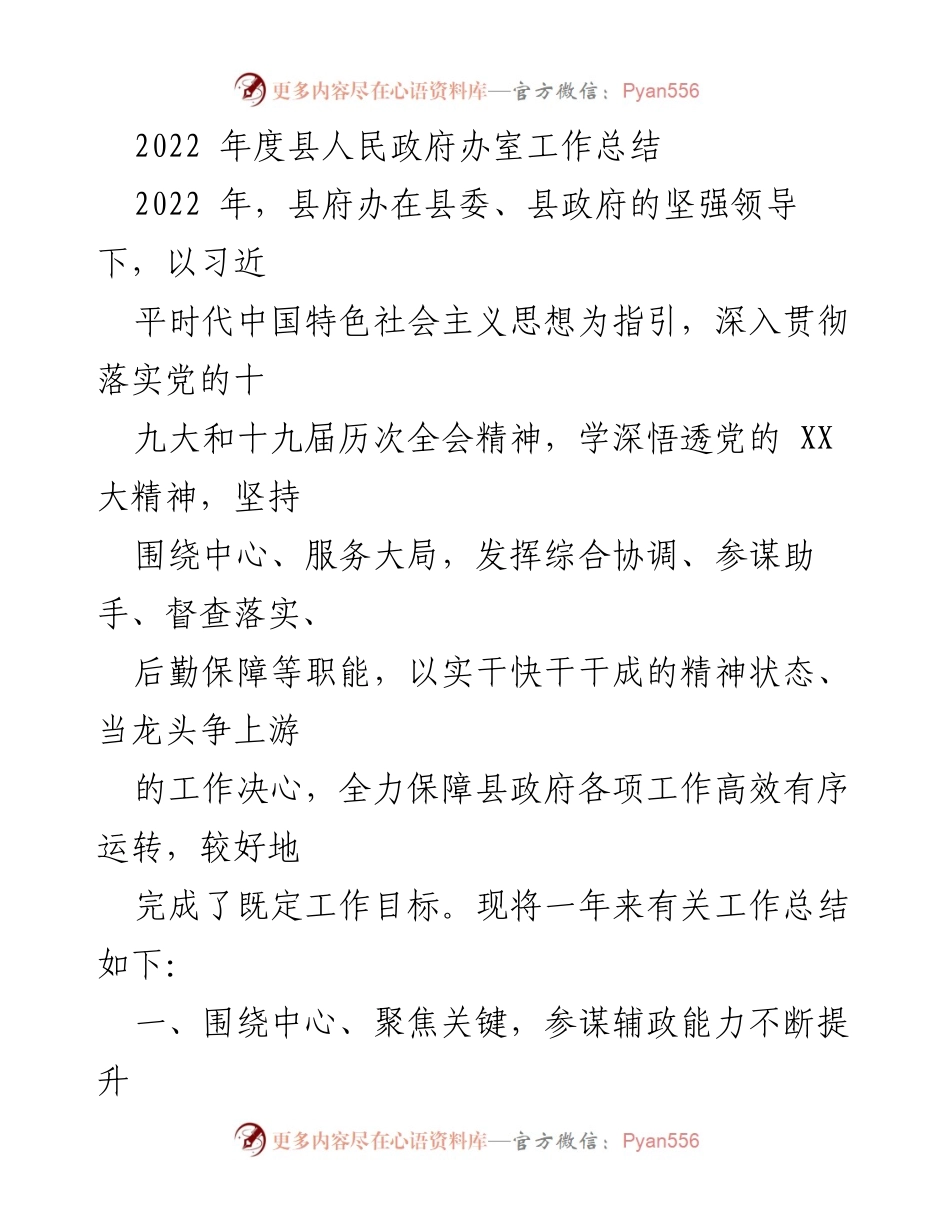 [工作总结] 年度总结 - 2022年度县人民政府办室工作总结.docx_第1页