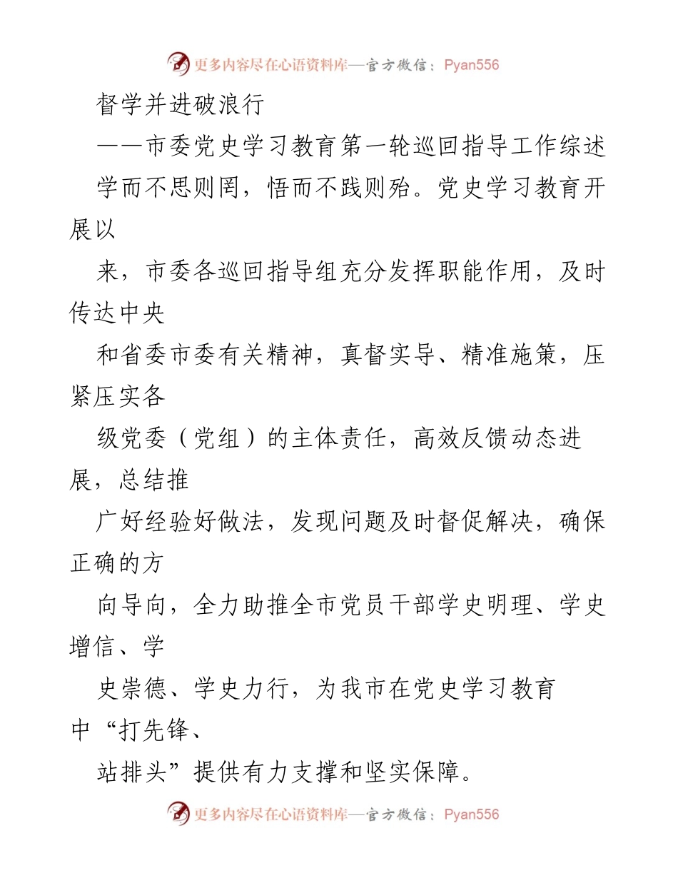 [工作总结] 市委党史学习教育巡回指导 - 督学并进，确保党史学习教育落地生根.docx_第1页