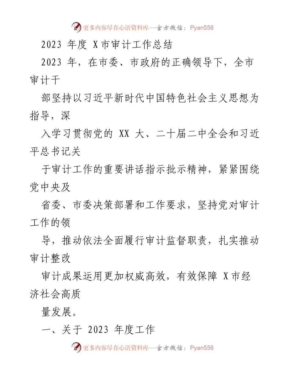 [工作总结] 审计工作 - 2023年度X市审计工作总结与成效分析.docx_第1页