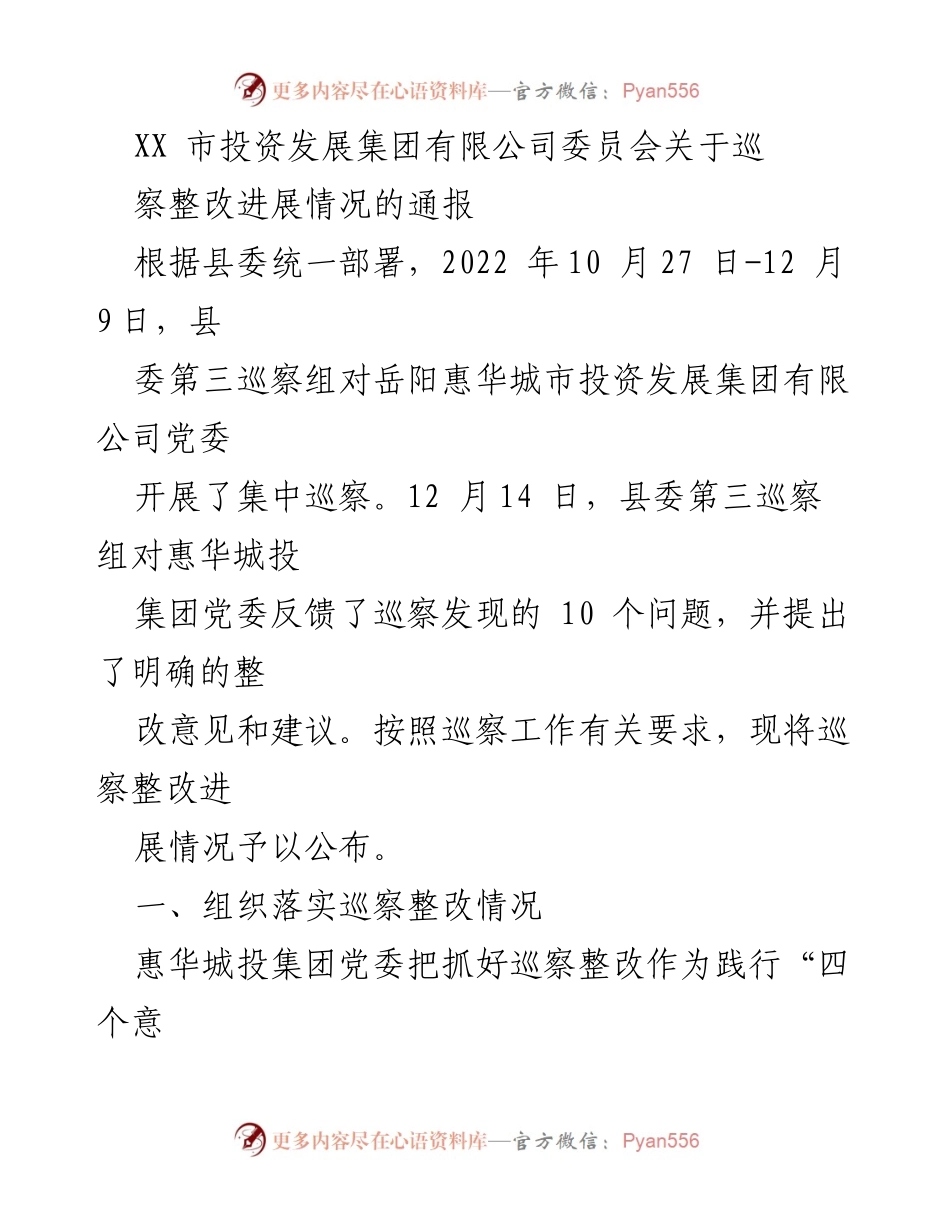 [工作总结] 巡察整改 - XX市投资发展集团巡察整改进展情况通报.docx_第1页