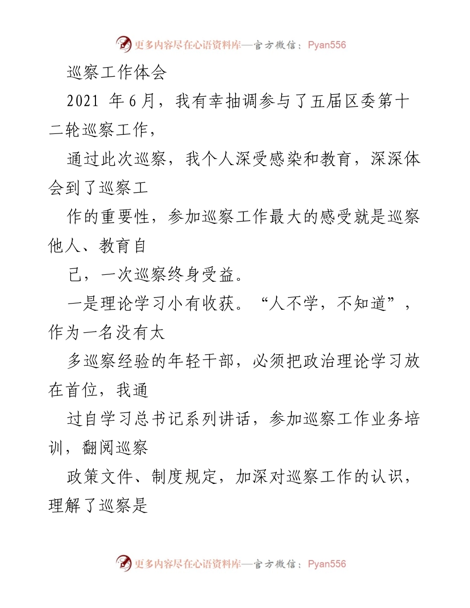 [工作总结] 巡察工作 - 深刻体会巡察工作的重要性与个人成长.docx_第1页