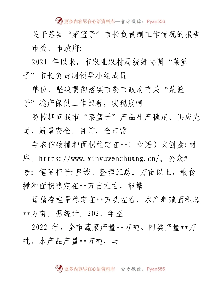 [工作总结] 市政府 - “菜篮子”市长负责制工作落实情况报告.docx_第1页