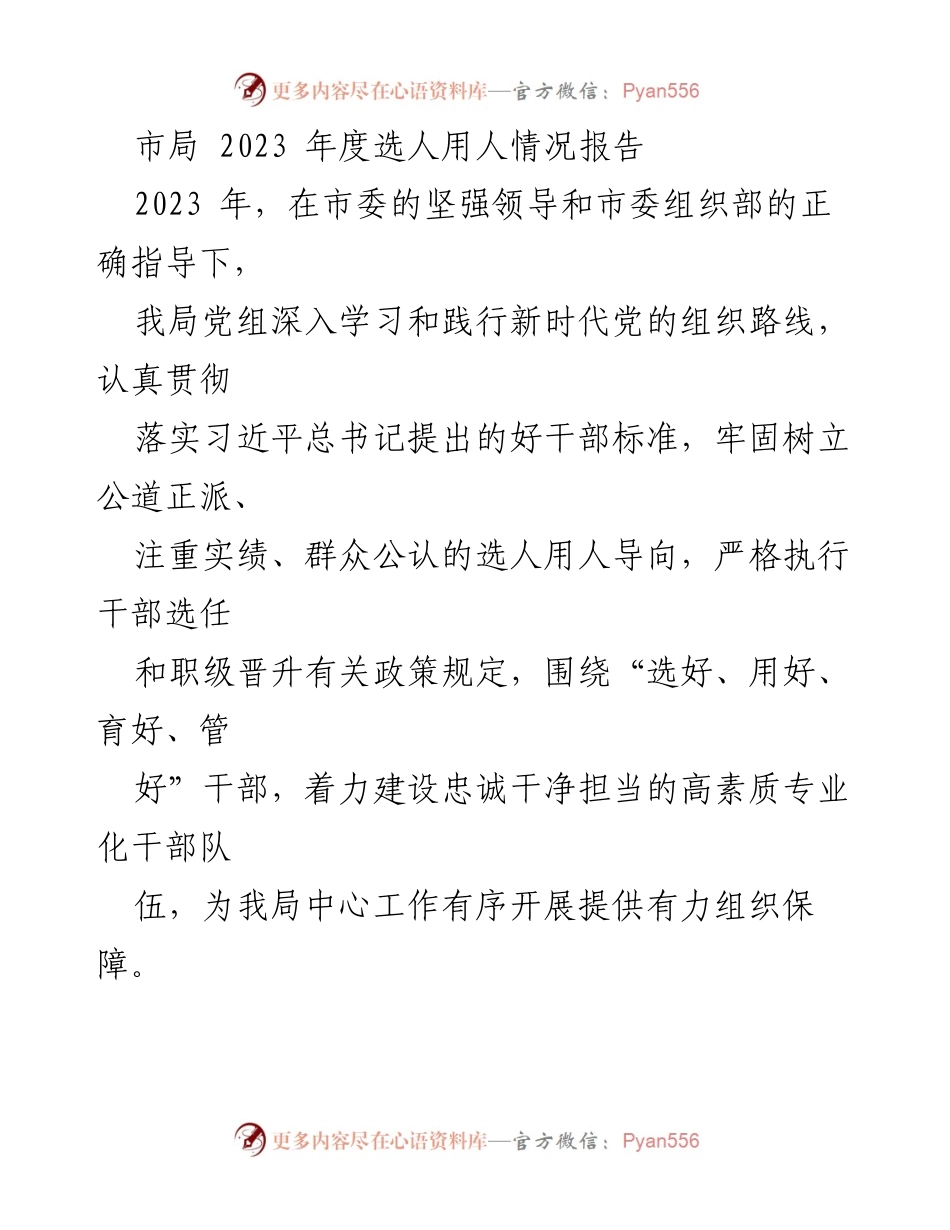 [工作总结] 市局 - 2023年度选人用人情况报告_1.docx_第1页