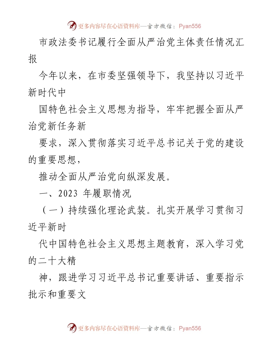 [工作总结] 市政法委 - 市政法委书记全面从严治党主体责任履行情况汇报.docx_第1页