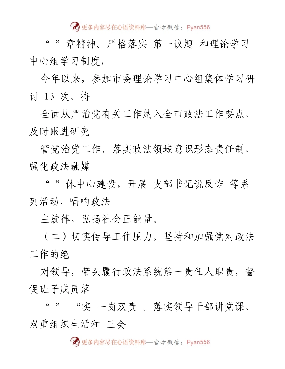 [工作总结] 市政法委 - 市政法委书记全面从严治党主体责任履行情况汇报.docx_第2页