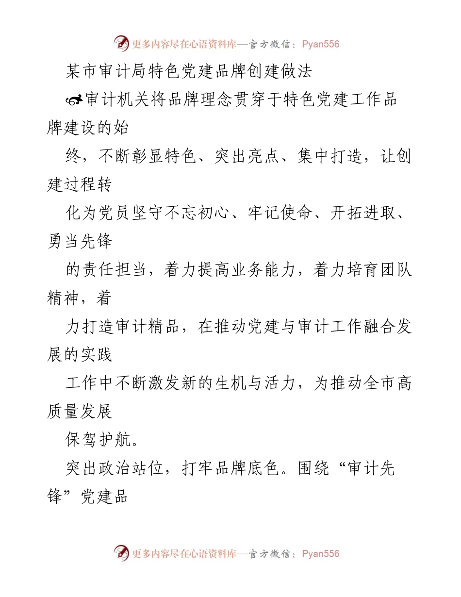 [工作总结] 审计局党建工作 - 某市审计局特色党建品牌创建经验总结.docx_第1页