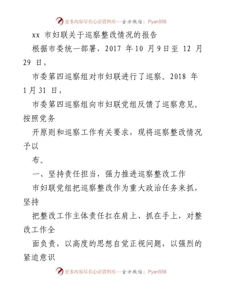 [工作总结] 巡察整改 - 市妇联巡察整改情况报告.docx_第1页